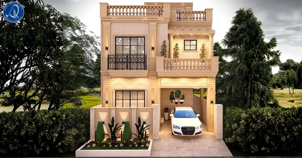 Front elevation of a 5 Marla Classic House Plan showing a modern two-story design with car porch, balcony, and warm exterior tones — ideal for family living in Pakistan.
