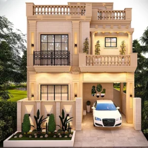 Front elevation of a 5 Marla Classic House Plan showing a modern two-story design with car porch, balcony, and warm exterior tones — ideal for family living in Pakistan.