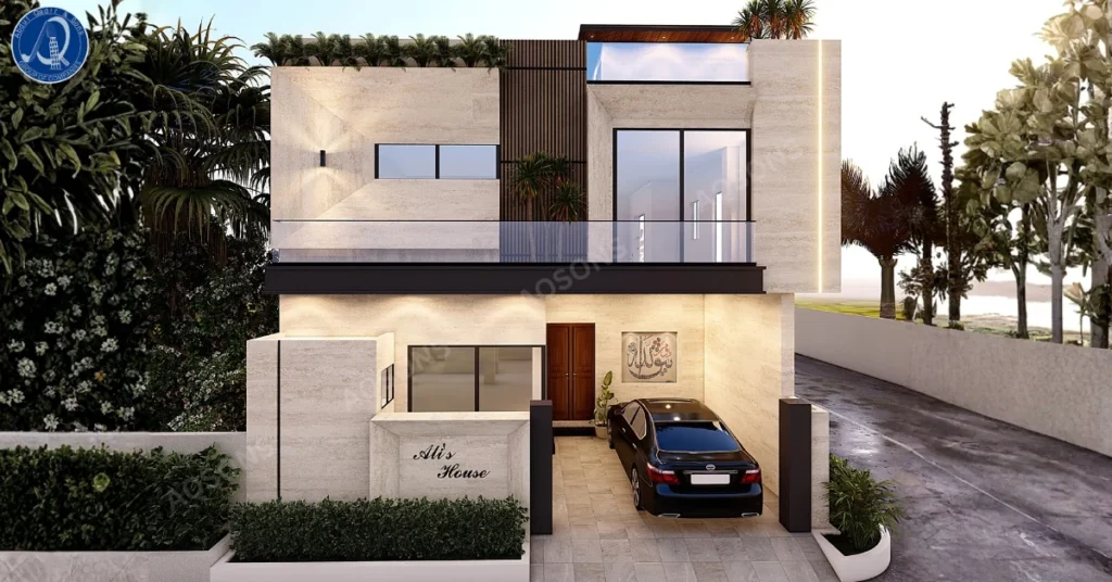 That's a 10 marla residential house plan, two-story house with an integrated garage and contemporary white/light stone cladding. Blue-line floor plans are displayed above the 3D rendering.