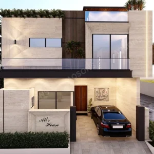 That's a 10 marla residential house plan, two-story house with an integrated garage and contemporary white/light stone cladding. Blue-line floor plans are displayed above the 3D rendering.