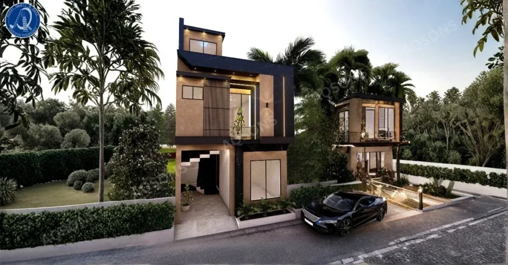 Contemporary modern 3 marla house plan with lush landscaping.