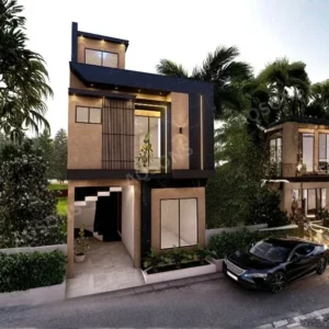 Contemporary modern 3 marla house plan with lush landscaping.