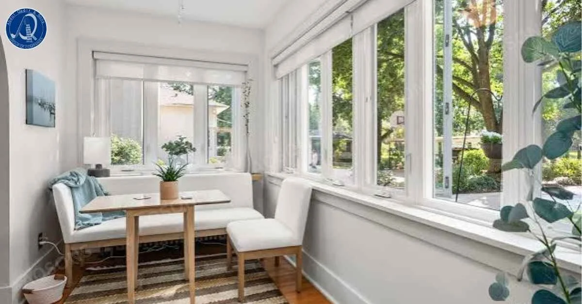 Sunroom house extension with large white-framed windows, a small dining table, cushioned seating, indoor plants, and abundant natural light overlooking a green garden view.