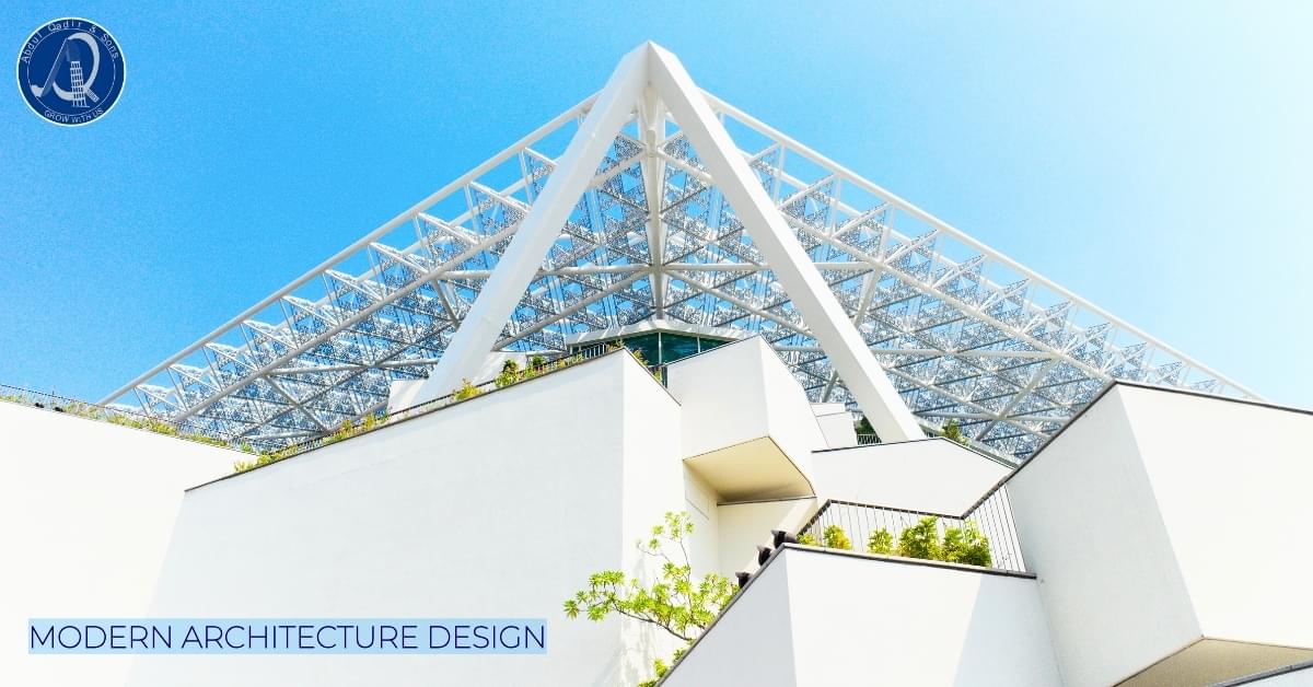 Modern architecture design of a contemporary house with clean lines, large windows, and exterior lighting at dusk.