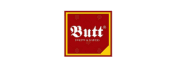 Logo with the text 'Butt' in bold white Gothic-style font on a red background with a yellow corner accent