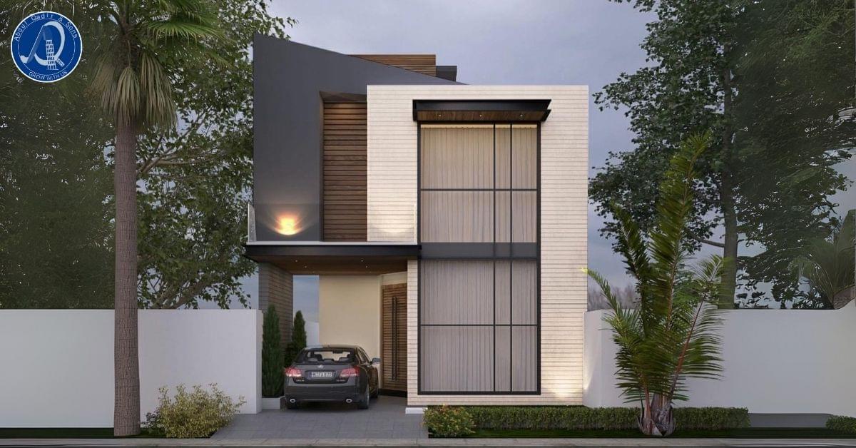 Modern 3 bed house design with minimalist facade, large vertical windows, and sleek architectural elements surrounded by trees.