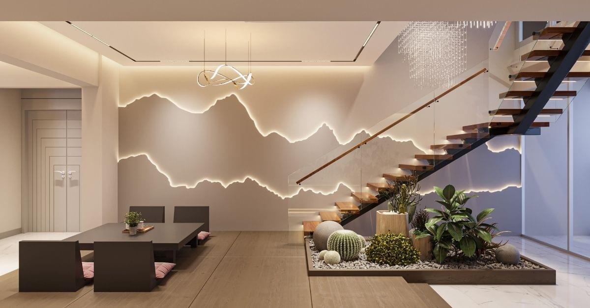 Modern staircase with built-in lighting accents and a sleek wall design showcasing creative interior wall decor ideas for a stylish home.