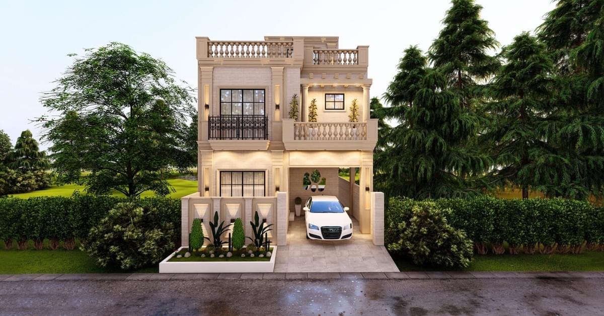 Modern 5 marla house design with stylish front elevation, car porch, and greenery for an elegant residential look.