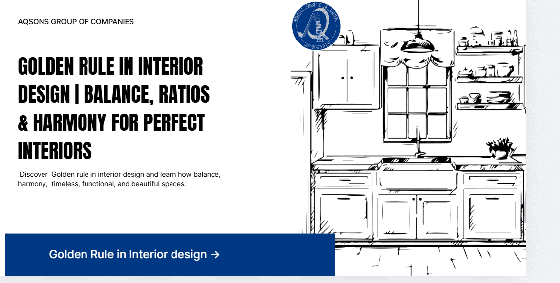 A web page with the title "GOLDEN RULE IN INTERIOR DESIGN: BALANCE, RHYTHM & HARMONY FOR PERFECT INTERIORS." The page features a diagram showing a grid with nine squares, and other design-related sketches. A blue button at the bottom