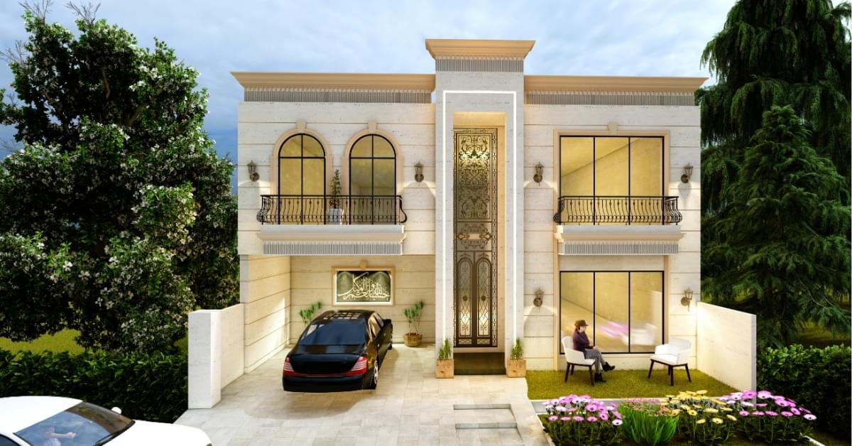 Modern 10 marla house design with stylish front elevation, spacious balcony, car porch, and elegant exterior architecture surrounded by greenery.