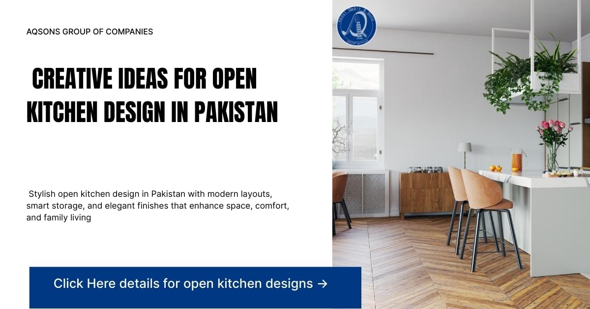 Creative ideas for open kitchen design in Pakistan – modern white kitchen with wooden elements, bar stools, and hanging plants.