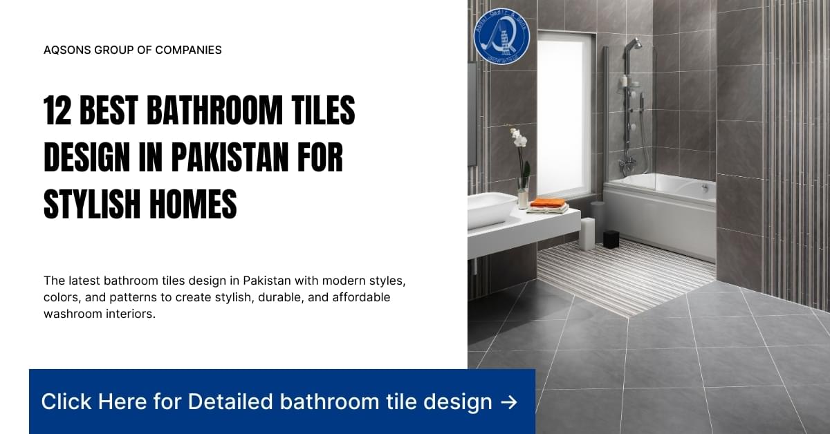 A modern bathroom with stylish grey tiles on the walls and floor, featuring a bathtub, vanity, and mirror. Text on the image reads "12 Best Bathroom Tiles Design in Pakistan for Stylish Homes.