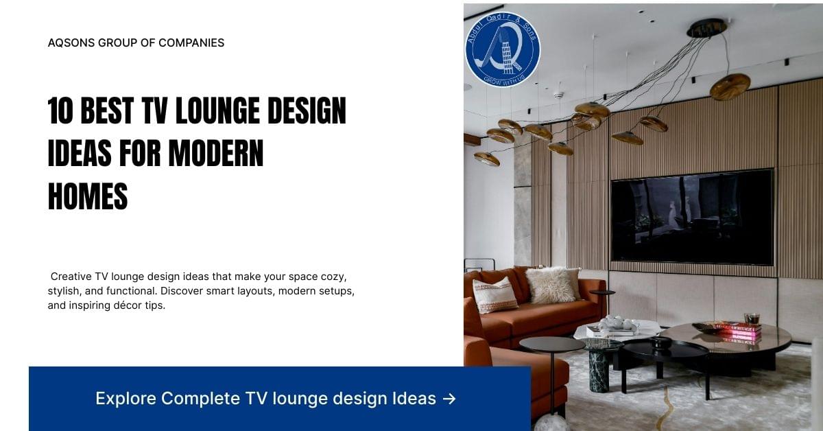 Modern TV lounge design with sleek furniture, wall-mounted flat-screen TV, and contemporary lighting – featured in “10 Best TV Lounge Design Ideas for Modern Homes