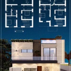 That's a 10 marla residential house plan, two-story house with an integrated garage and contemporary white/light stone cladding. Blue-line floor plans are displayed above the 3D rendering.