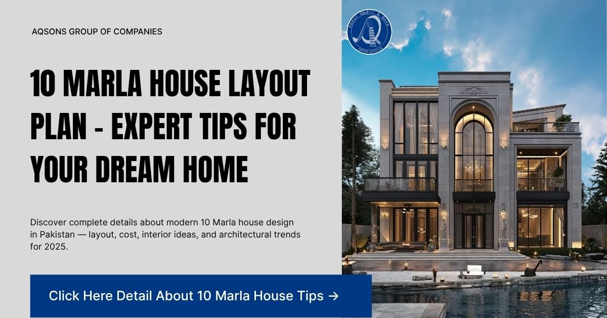 Modern luxury 10 Marla house elevation with grand glass façade, elegant exterior lighting, and contemporary architecture by Aqsons Construction — showcasing design and layout ideas for dream homes in Pakistan