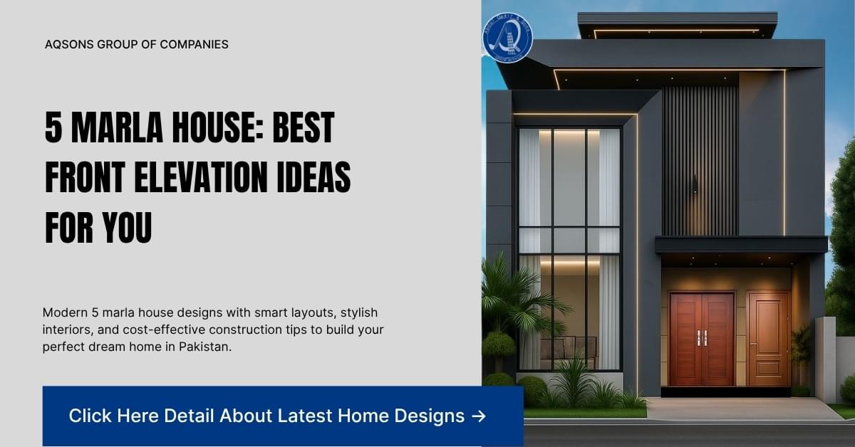 Modern 5 Marla house front elevation design with glass panels, wooden door, and grey exterior — showcasing 2025 architectural style in Pakistan.