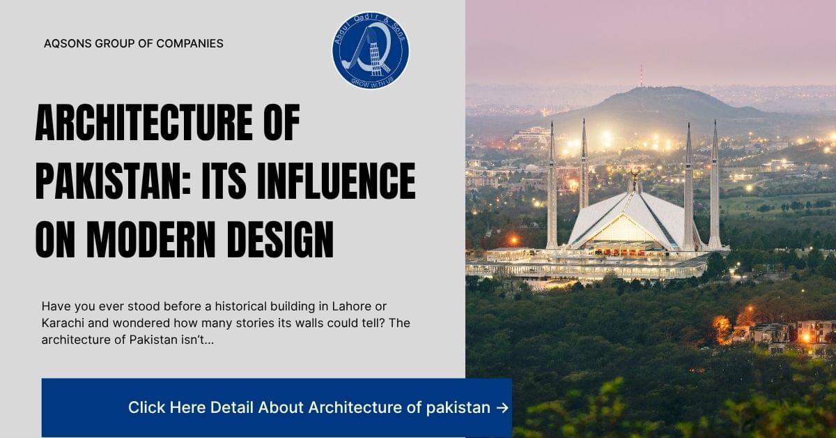 Interior architecture presentation showing text Architecture of pakistan" beside a modern home interior with living and kitchen areas.