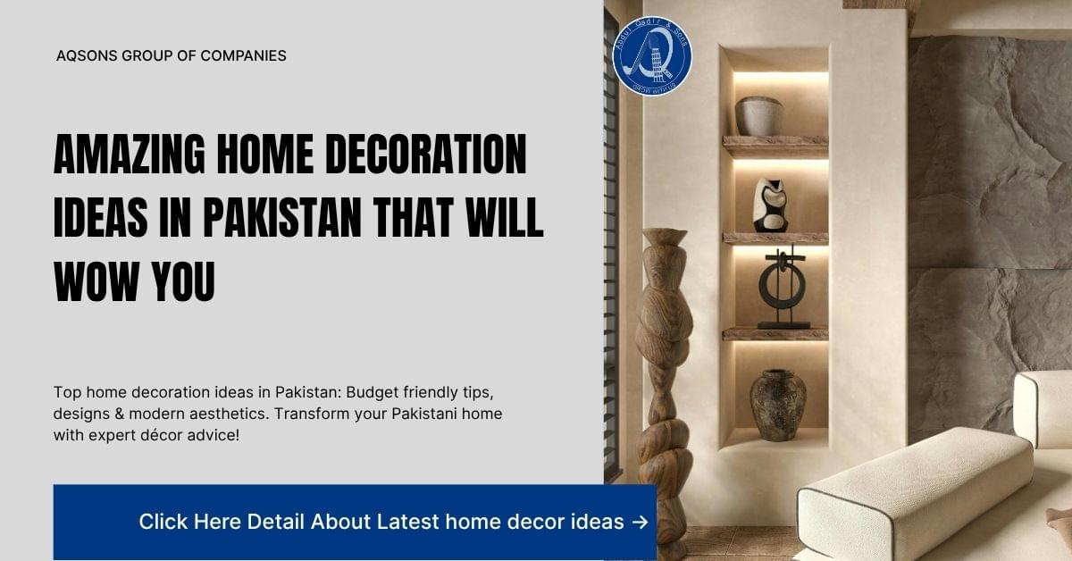 Modern home decoration ideas in Pakistan featuring elegant wall shelves, warm lighting, and stylish living room decor for a contemporary interior design look.