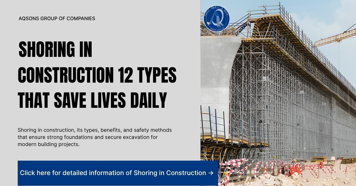 Shoring in construction site showing steel scaffolding and temporary support system for building foundation work