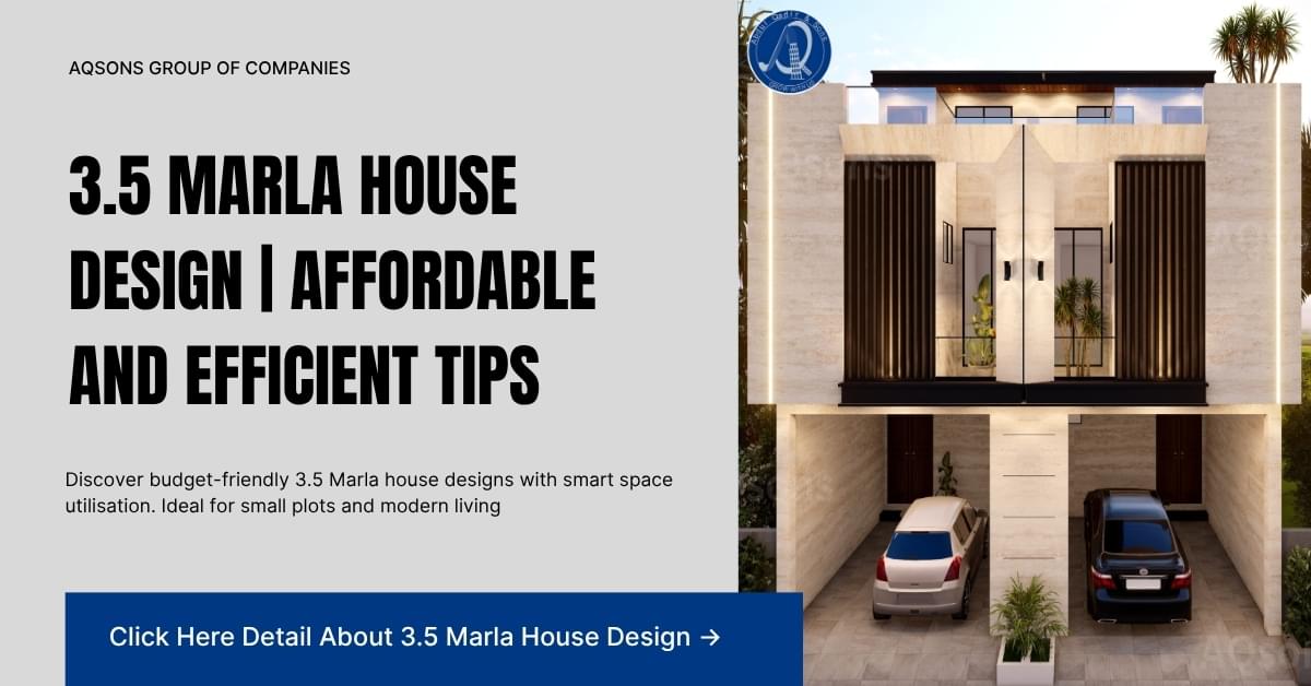 A contemporary 3.5 Marla house design featuring smart space utilization with modern architecture, ideal for small plots. The design includes a sleek exterior, with a well-planned garage and stylish facade, showcasing affordable and efficient living solutions.