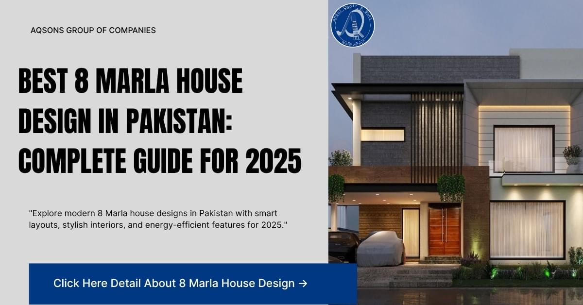 "Modern 8 Marla house design in Pakistan showing stylish front elevation, contemporary architecture, and smart outdoor living spaces."