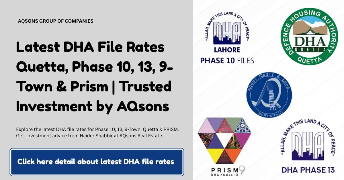 Explore the latest DHA file rates for Phase 10, 13, 9-Town, Quetta & PRISM. Get investment advice from Haider Shabbir at AQsons Real Estate.