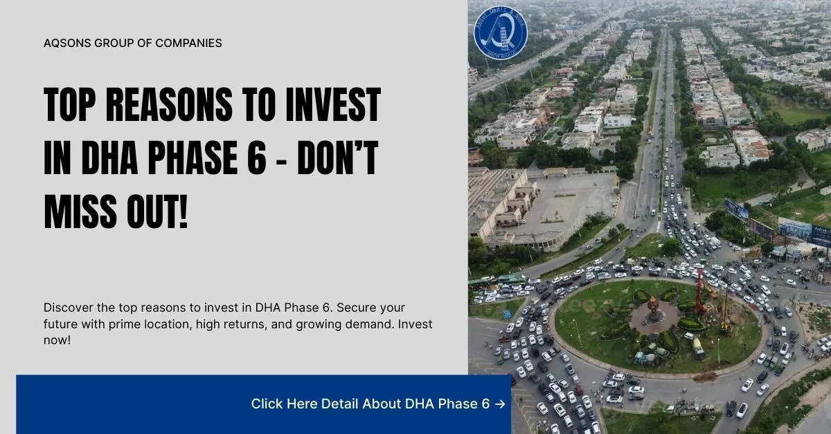 Aerial view of DHA Phase 6 showing the main roads and layout, with the text 'Top Reasons to Invest in DHA Phase 6 – Don’t Miss Out!' highlighting the investment opportunity