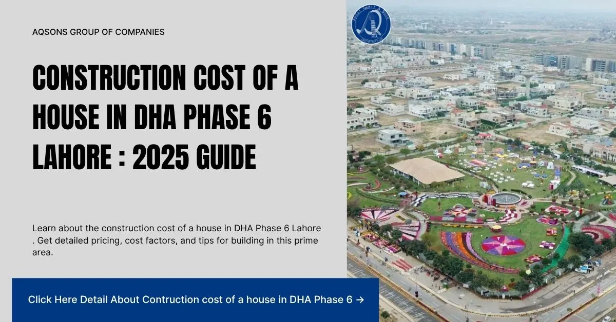 Aerial view of DHA Phase 6 Lahore with a banner showing the title 'Construction Cost of a House in DHA Phase 6 Lahore: 2025 Guide'