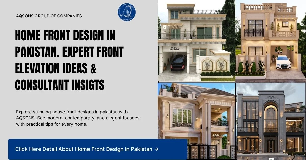 Modern home front design in Pakistan featuring contemporary façade, stone cladding, and vertical fins for a luxury house front