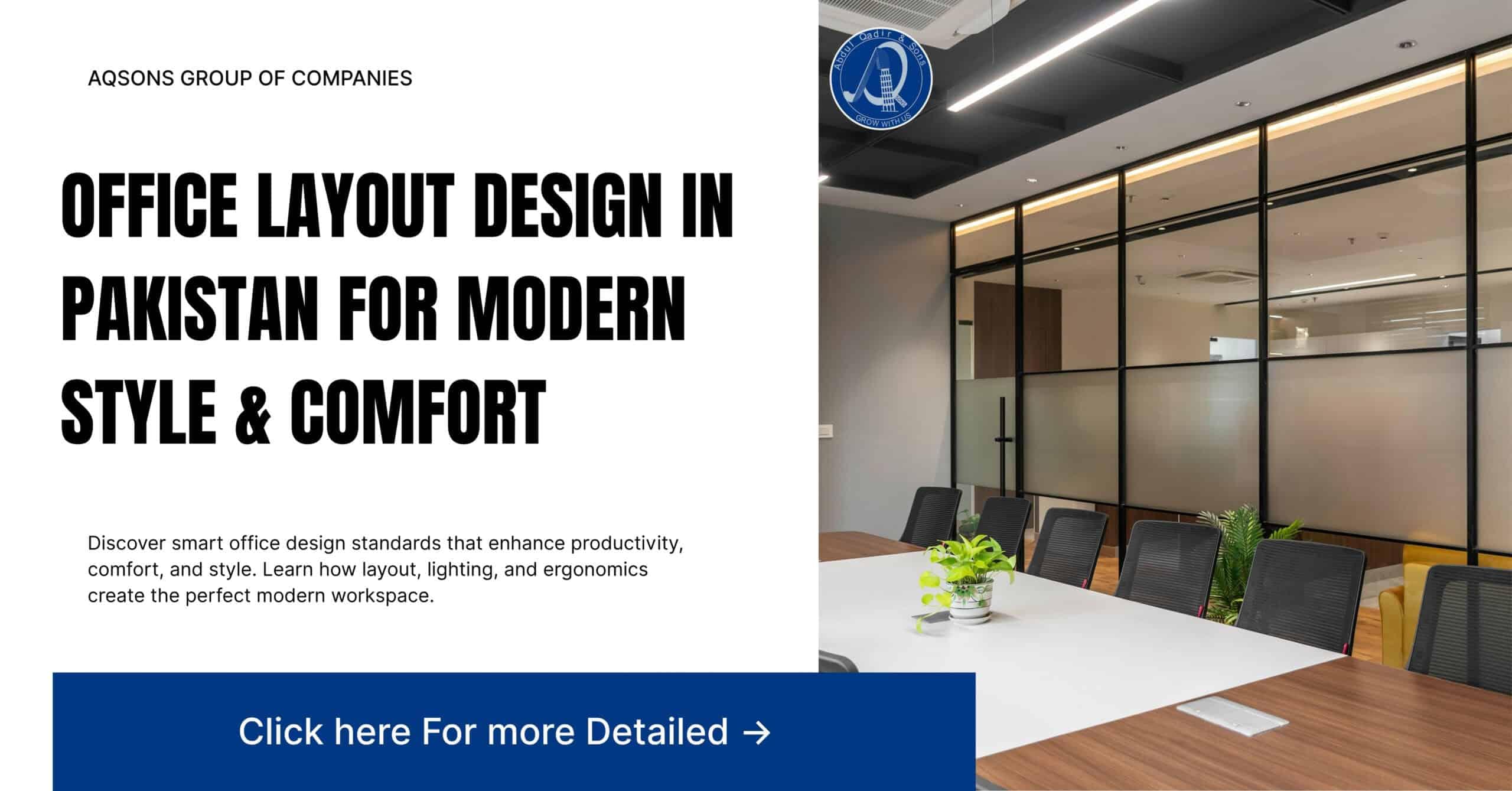 Modern office layout design with ergonomic furniture, open workspace, and natural lighting for a productive environment.