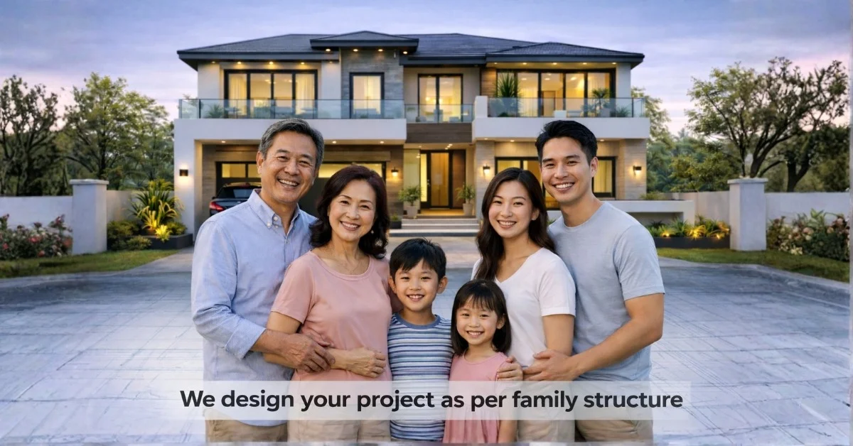 Family in front of modern house.
